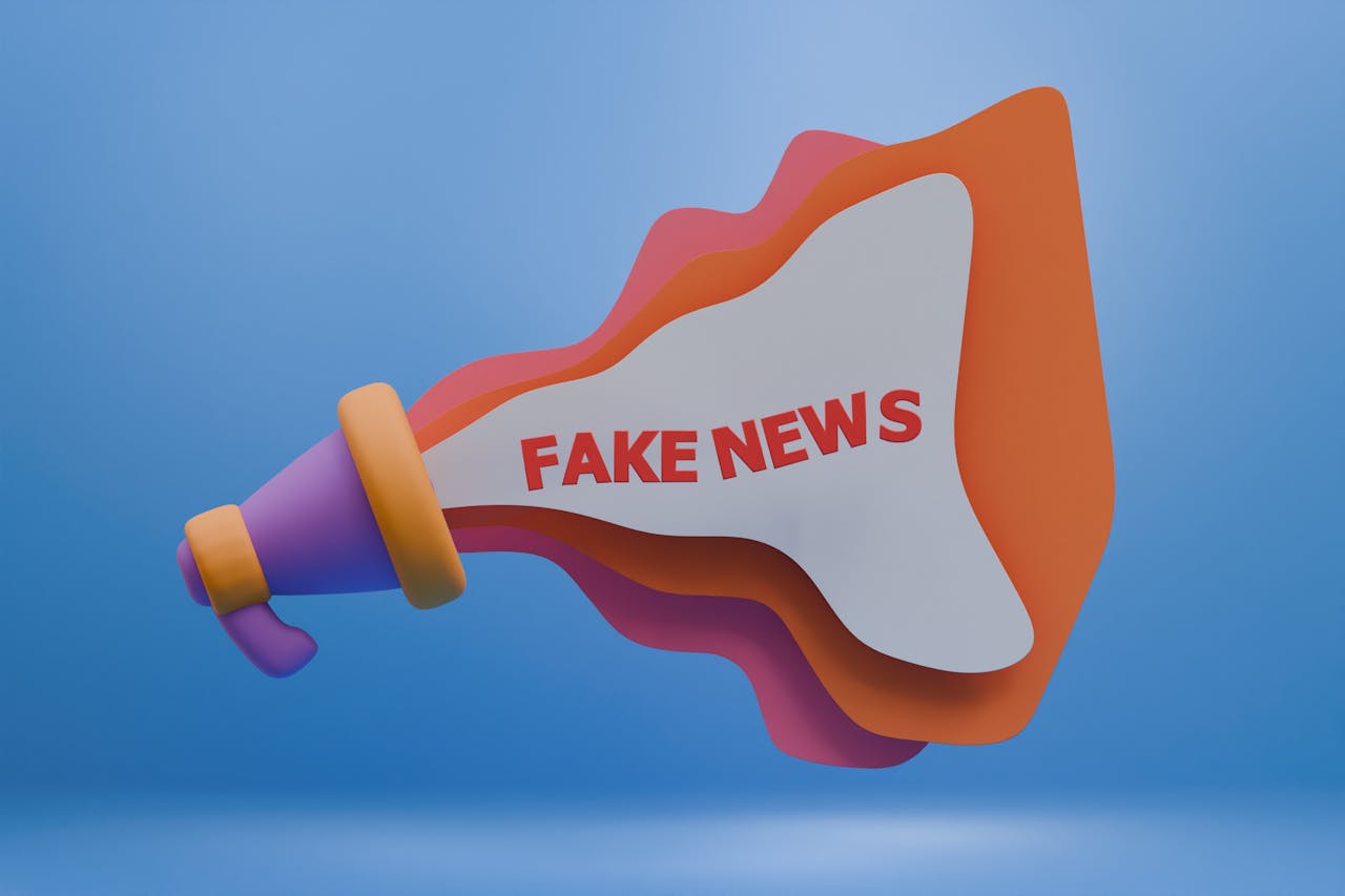 3D illustration of a colorful megaphone with Fake News text conveying disinformation concept in digital media.